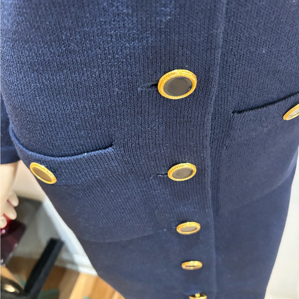 Elegant Navy Longline dress sweater buttoned gold blue M pencil - Picture 4 of 5